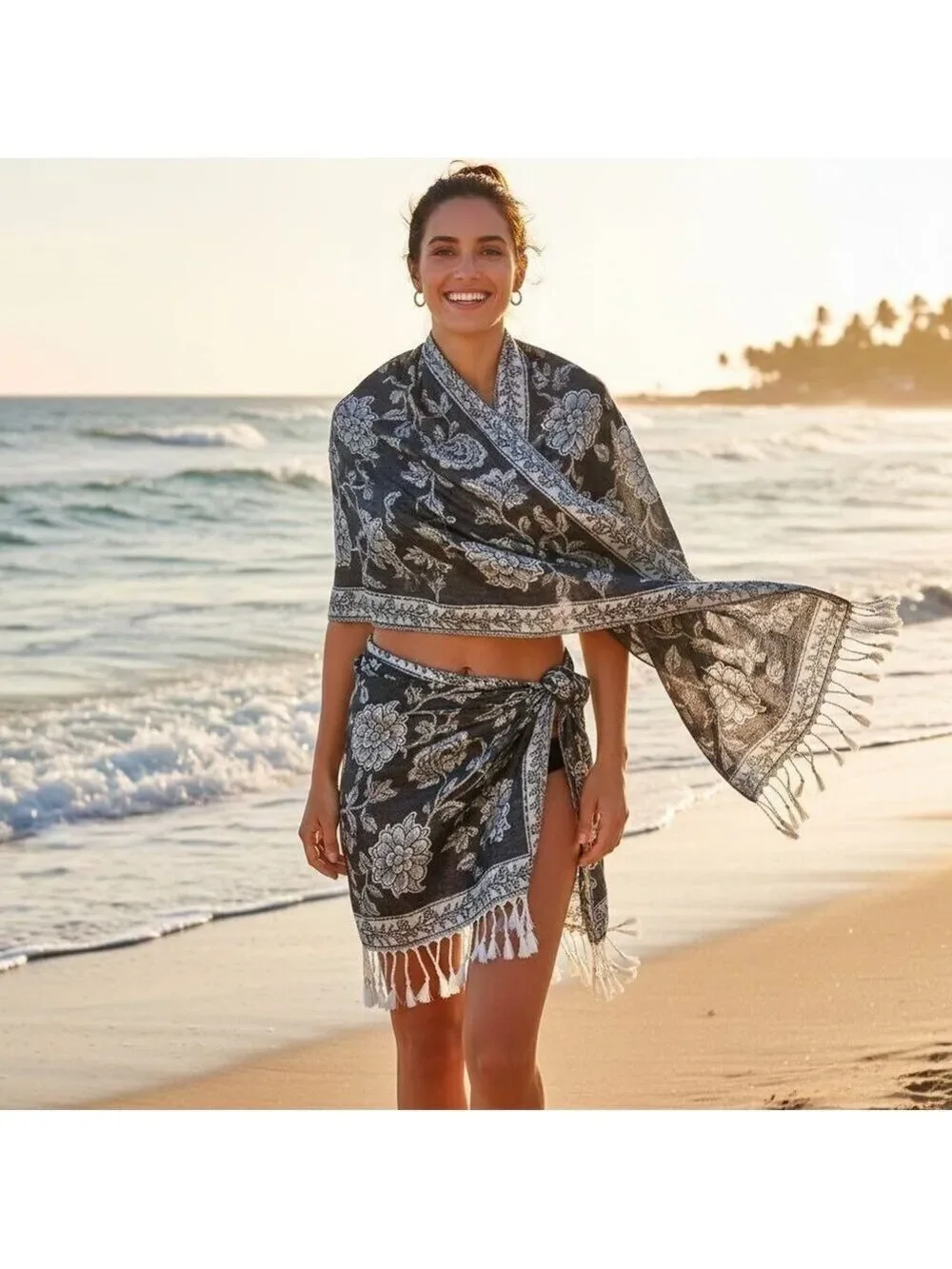 Black White Paisley Jacquard Scarf Shawl Fringe Boho Wrap Women 72x28